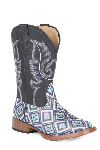 Roper Kids Girls Glitter Diamonds Black Multi Faux Leather Cowboy Boots
