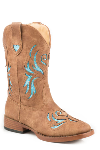 Roper Kids Girls Glitter Breeze Tan/Blue Faux Leather Cowboy Boots