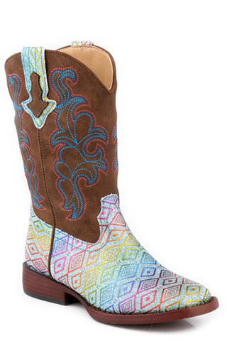 Roper Kids Girls Glitter Maya Blue/Brown Faux Leather Cowboy Boots