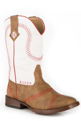 Roper Kids Unisex Baseball Tan/White Faux Leather Cowboy Boots
