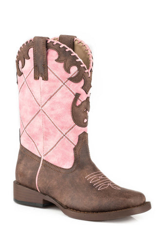 Roper Kids Girls Lacy Pink/Brown Faux Leather Cowboy Boots