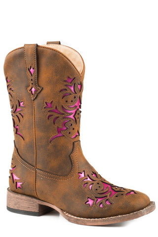 Roper Kids Girls Lola Brown/Pink Faux Leather Cowboy Boots