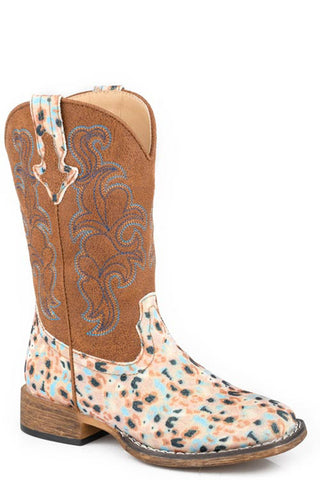 Roper Kids Girls Glitter Blossom Brown Faux Leather Cowboy Boots