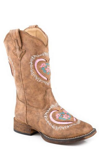 Roper Kids Girls Lydia Glitter Heart Tan Faux Leather Cowboy Boots