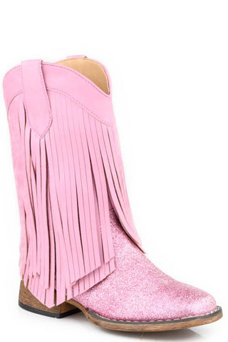 Roper Kids Girls Double Fringe Pink Faux Leather Cowboy Boots