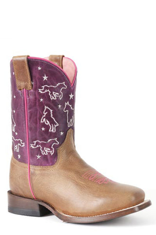 Roper Kids Girls Bella Tan/Purple Leather Cowboy Boots