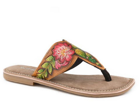 Roper Womens Juliet Tooled Tan Leather T-Strap Sandals