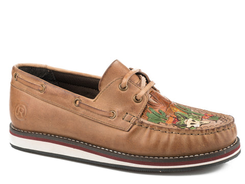 Roper Womens Bertha Tan Leather Tooled Cactus Slip-On Shoes
