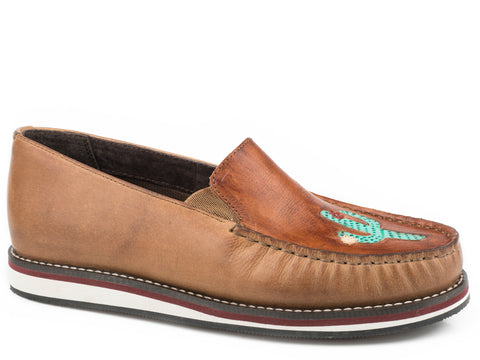 Roper Womens Lone Cactus Tan Leather Cactus Slip-On Shoes