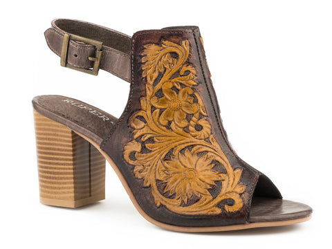 Roper Womens Mika Brown Leather Tooled Peep Toe Heels