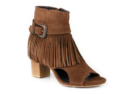 Roper Womens Mika Fringe Buckle Brown Suede Peep Toe Ankle Boots