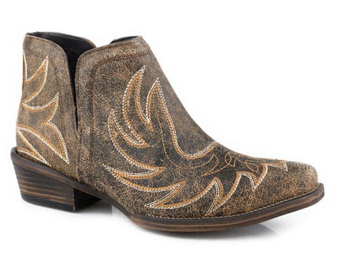 Roper Womens Addie Western Sanded Brown Leather Shorty Ankle Boots