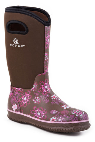Roper Womens Barnyard Floral Brown/Pink Neoprene Work Boots
