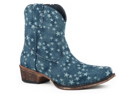 Roper Womens Merica Denim Stonewashed Blue Faux Leather Cowboy Boots