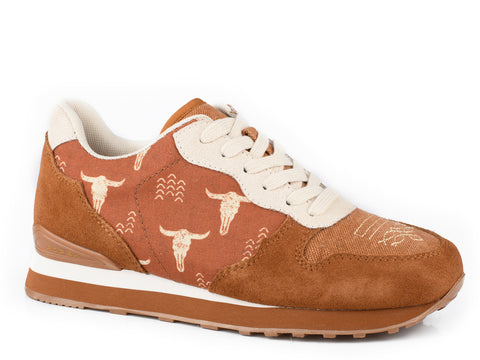 Roper Womens Giddyup Longhorn Cognac Suede Jogger Sneakers Shoes