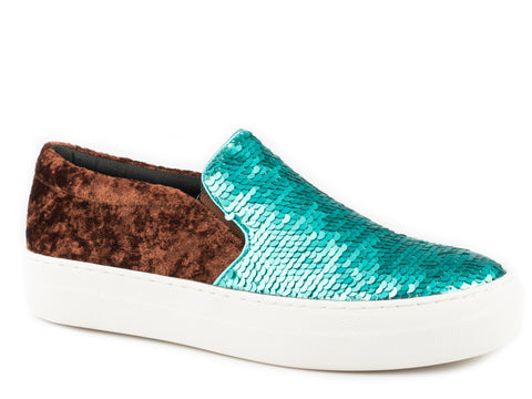 Roper Womens Darcy Turquoise/Silver Fabric Slip-On Shoes