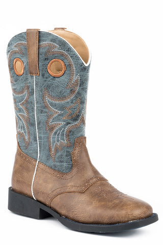 Roper Youth Unisex Daniel Brown/Blue Faux Leather Cowboy Boots