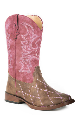 Roper Youth Unisex Cross Cut Tan/Pink Faux Leather Cowboy Boots
