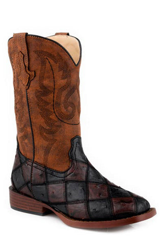 Roper Youth Boys Bird Blocks Brown Faux Leather Cowboy Boots