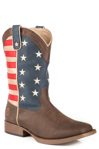 Roper Youth Unisex American Patriot Brown/Blue Faux Leather Cowboy Boots