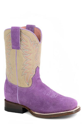 Roper Youth Girls Willa Square Toe Purple/Cream Leather Cowboy Boots
