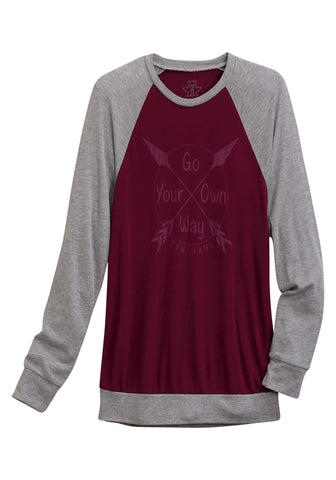 Tin Haul Womens Go Your Own Way Wine/Grey Poly/Cotton L/S T-Shirt