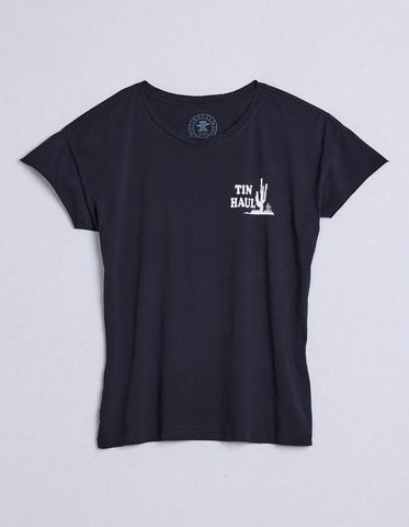 Tin Haul Womens Left Chest Cactus Vintage Black 100% Cotton S/S T-Shirt