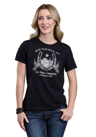 Tin Haul Womens Horseshoe With Scenery Black Cotton Blend S/S T-Shirt