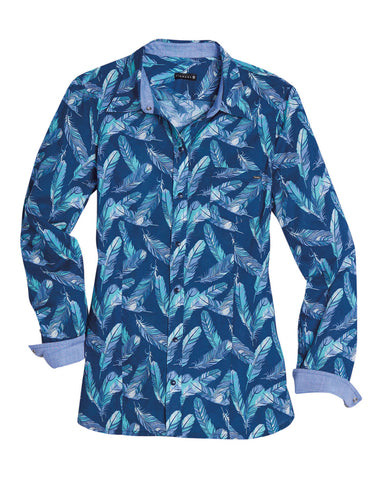 Tin Haul Womens 2492 Feathers Print Blue 100% Cotton L/S Shirt