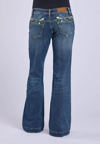 Stetson Womens Ella Fit Floral Back Blue Cotton Blend Jeans