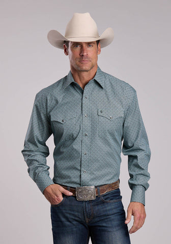 Stetson Mens Mosaic Print Forest 100% Cotton L/S Shirt