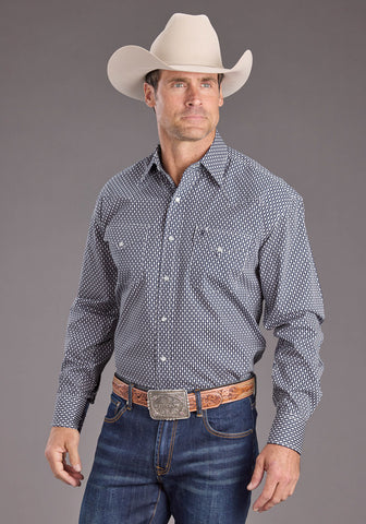 Stetson Mens Running Diamonds Blue 100% Cotton L/S Shirt