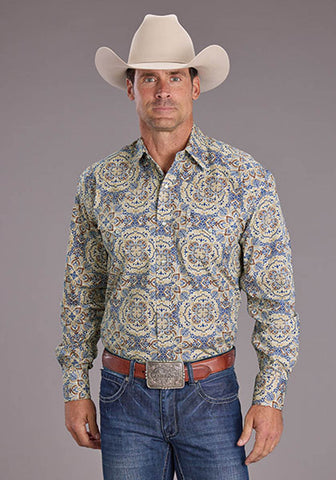 Stetson Mens Summer Medallion Paisley Blue 100% Cotton L/S Shirt