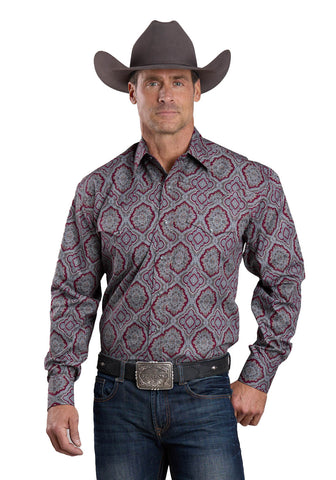 Stetson Mens 2572 Medallion Paisley Wine 100% Cotton L/S Shirt