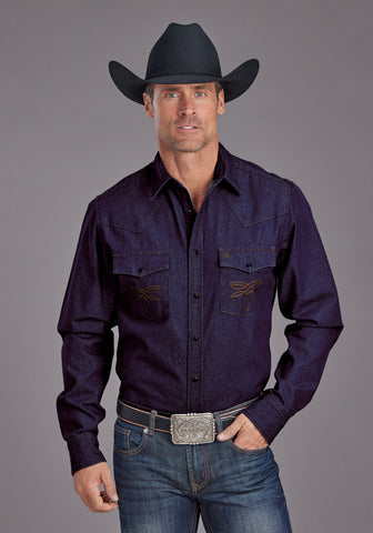 Stetson Mens Raw Boot Stitch Blue 100% Cotton L/S Shirt