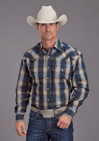 Stetson Mens Vintage Blue Dobby Blue 100% Cotton L/S Shirt