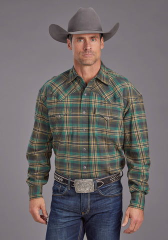 Stetson Mens Brushed Twill Plaid Green 100% Cotton L/S Shirt
