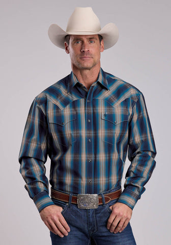 Stetson Mens Deep Marine Ombre Blue 100% Cotton L/S Shirt