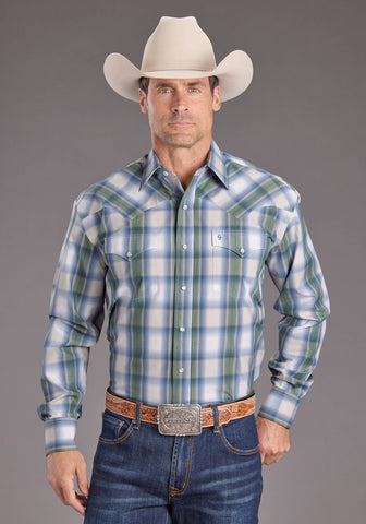 Stetson Mens Moss Dobby Plaid Blue 100% Cotton L/S Shirt