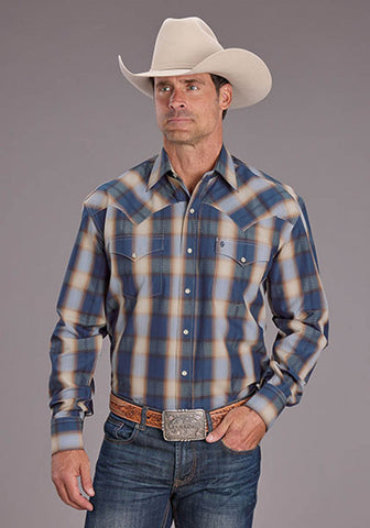 Stetson Mens 2513 Ranch Plaid Blue/White 100% Cotton L/S Shirt