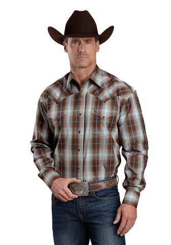 Stetson Mens Ombre Plaid Cocoa 100% Cotton L/S Shirt