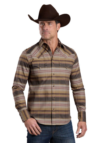 Stetson Mens 2680 Serape Plaid Brown/Grey 100% Cotton L/S Shirt
