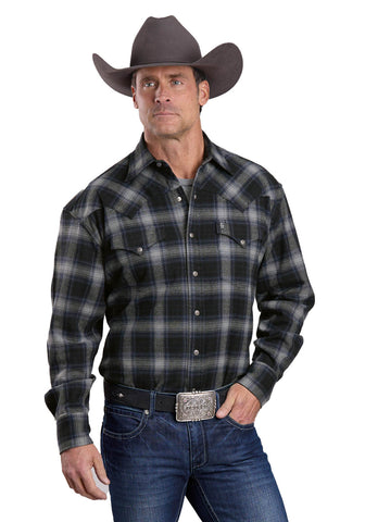 Stetson Mens Brushed Twill Plaid Black 100% Cotton L/S Shirt