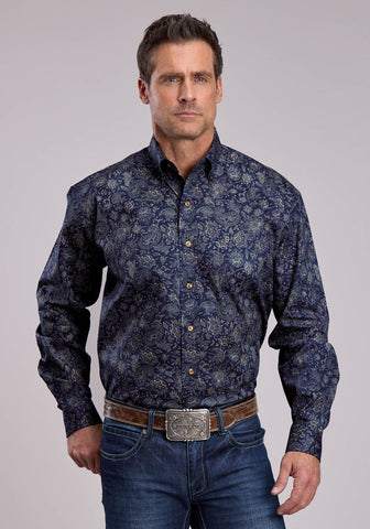 Stetson Mens Midnight Sky Print Blue 100% Cotton 1 Pkt L/S Shirt