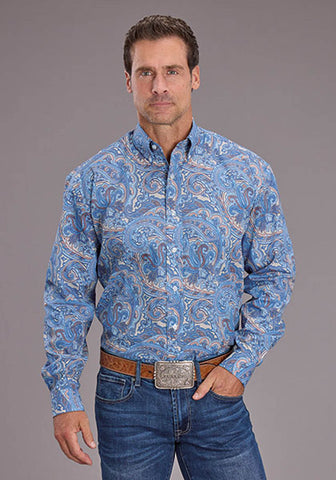 Stetson Mens 2521 Sunrise Paisley Blue 100% Cotton L/S Shirt