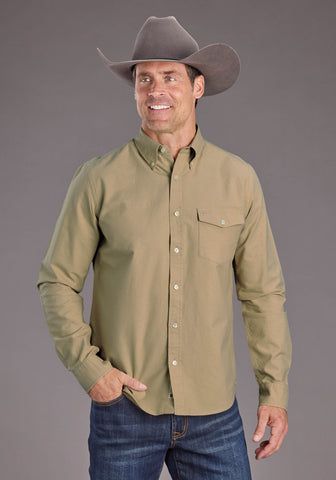 Stetson Mens 2447 Peached Oxford Khaki 100% Cotton 1 Pkt L/S Shirt