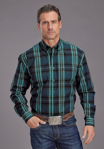 Stetson Mens 2147 Lake Dobby Blue/Green 100% Cotton Btn L/S Shirt