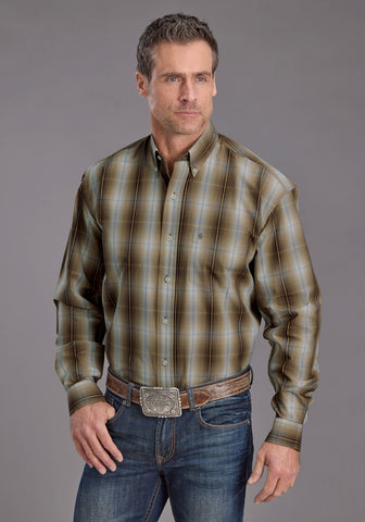 Stetson Mens Sand Dobby Plaid Brown 100% Cotton 1 Pkt L/S Shirt