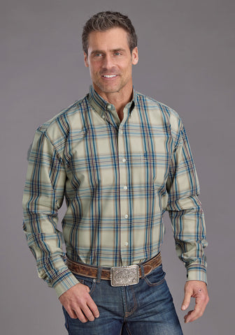 Stetson Mens Vintage Indigo Plaid Blue 100% Cotton 1 Pkt L/S Shirt