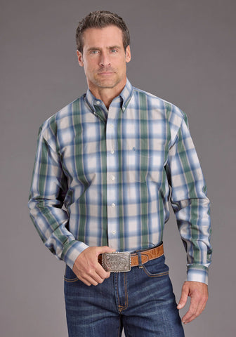 Stetson Mens Moss Dobby Plaid Blue 100% Cotton 1 Pkt L/S Shirt